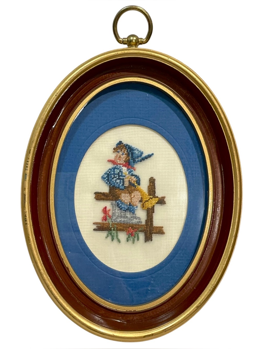 Vintage 1970s Framed Handmade Cross-Stitch Embroidery Oval Artwork Child Trumpet